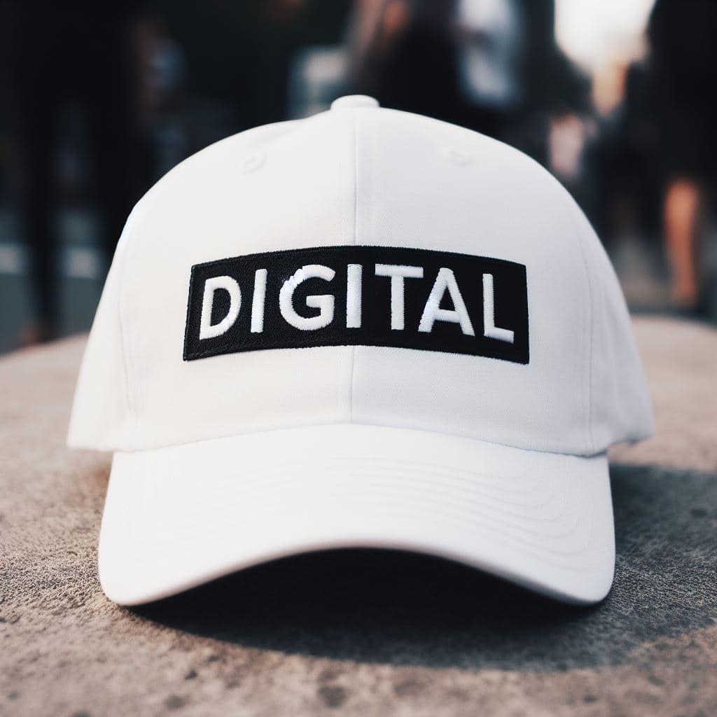 An image of a white hat that is embroidered with the word digital.