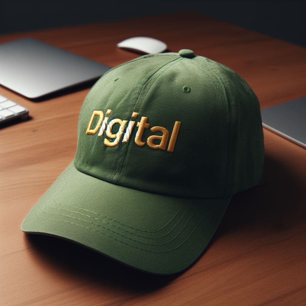 An image of a green hat that is embroidered with the word digital.